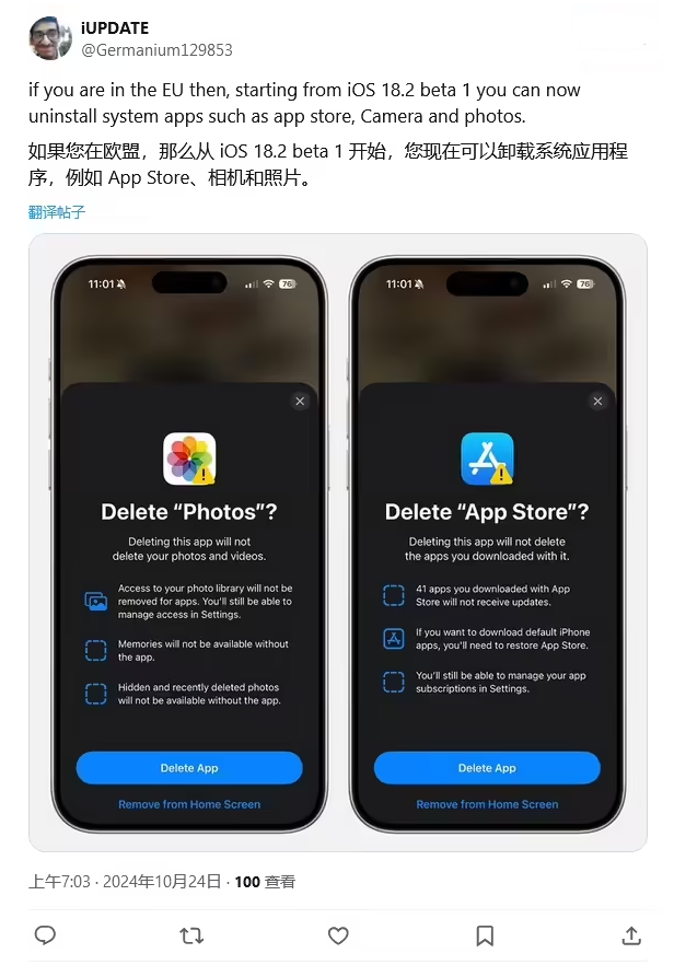 湘潭苹果手机维修分享iOS 18.2 支持删除 App Store 应用商店 